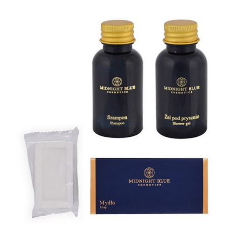 Zestaw turystyczny MIDNIGHT BLUE Mydło 20g, Szampon 30ml, Żel 30ml