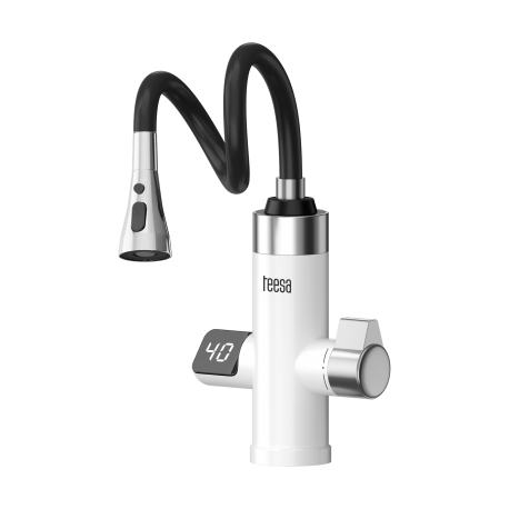 Przepływowy podgrzewacz wody - biała bateria kuchenna z elastyczną wylewką